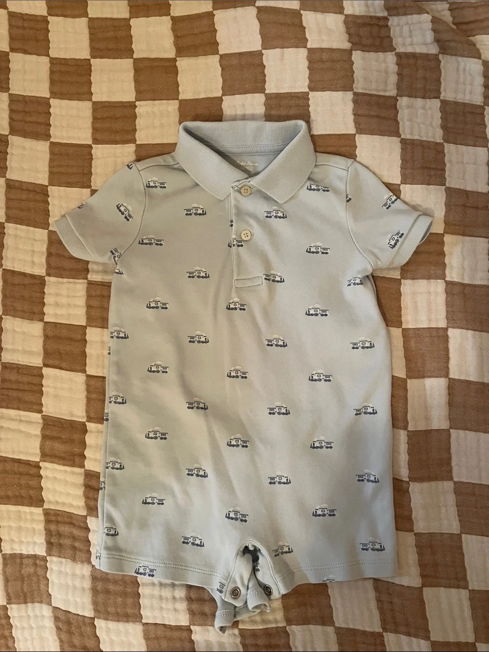Ralph Lauren Blue Baby Polo Romper with Navy train Print
